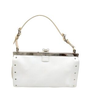 Auth LOEWE White Leather Frame Box Clutch Baguette Pouchette